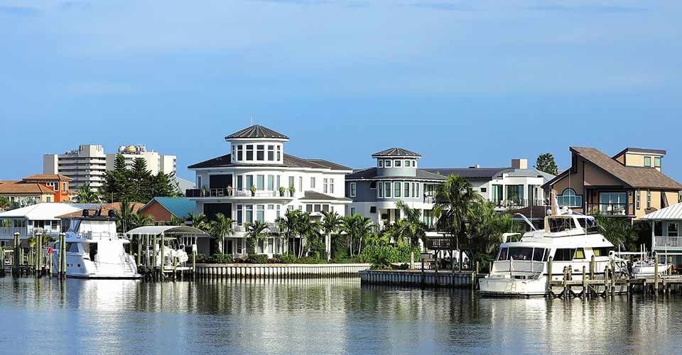 Waterfront homes and condos along Matanzas Pass waterways in Fort Myers Beach Florida