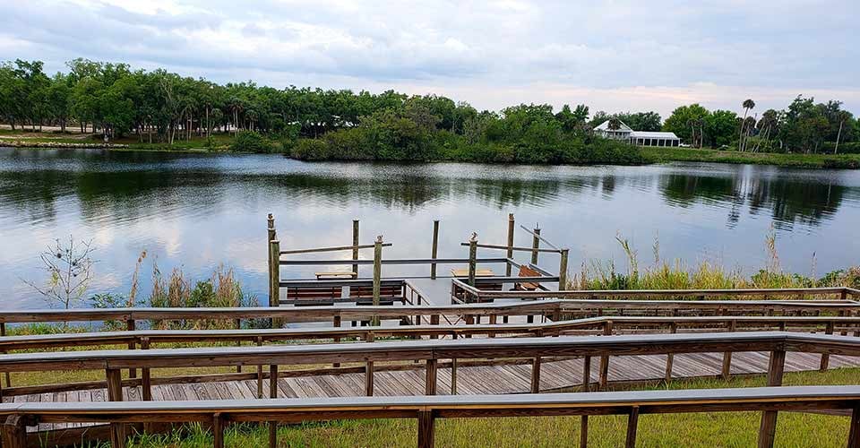 Wooden Boardwalk to Caloosahatchee River in a Ghost town Fort Denaud Florida