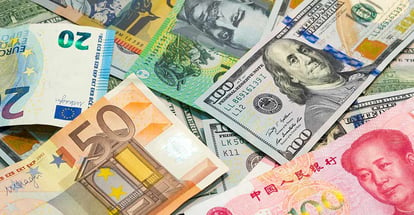 Worlds major currencies American dollar Euro money Australian dollar and Chinese yuan