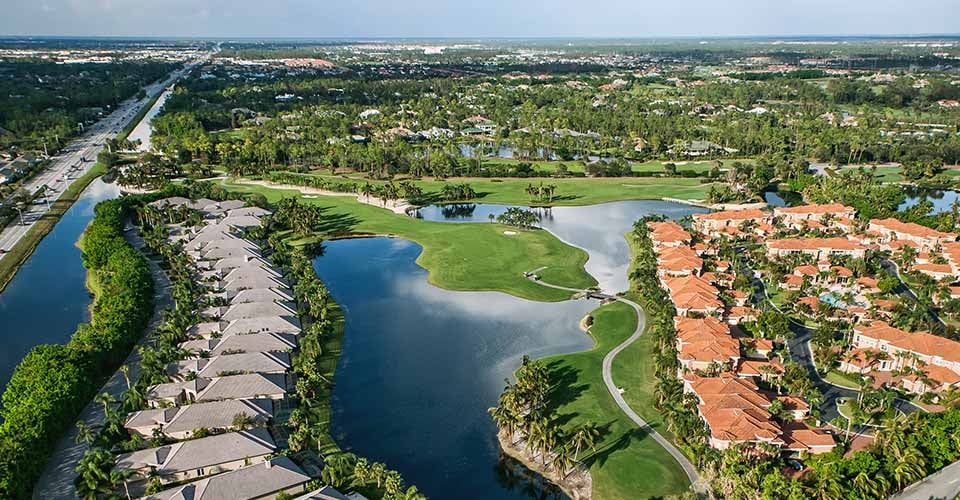 Aerial view of manicured Florida golf community