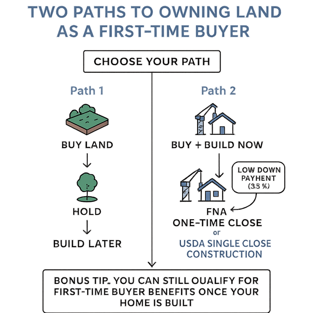 Flowchart showing two paths for first-time buyers to purchase land — one using a land loan and building later, and one using FHA or USDA construction-to-permanent loans to buy and build with low down payments.