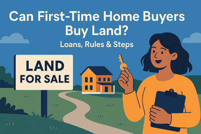 Flat-style illustration showing a young woman holding a key and clipboard beside a “Land for Sale” sign, with a house and open field in the background, representing first-time home buyers purchasing land.