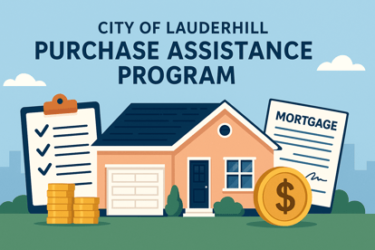 Illustration of a home with checklists, coins, and a mortgage document representing the City of Lauderhill Purchase Assistance Program for homebuyers.