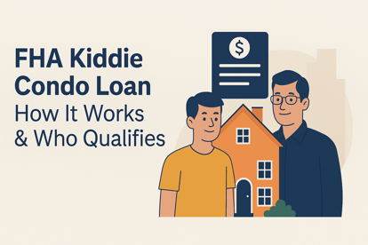 Illustration of a young homebuyer and parent standing outside a modern house with loan document icon, representing an FHA Kiddie Condo Loan and how it helps family co-borrowers qualify for a home.