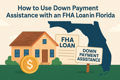 Wide illustration showing a Florida home with FHA Loan and Down Payment Assistance signs in front, alongside a Florida state outline, representing how buyers can use DPA with an FHA loan in Florida.