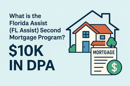 Flat design illustration showing a house, mortgage document, and the headline 