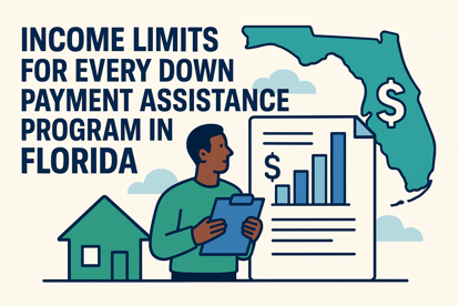 Illustration of Florida income limits for down payment assistance programs, showing a person holding a clipboard, a chart with dollar signs, a house icon, and a map of Florida with a dollar symbol.