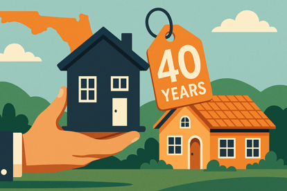 Illustration of a hand holding a small house with a “40 Years” tag next to a suburban Florida-style home, set against a backdrop of the Florida map and green hills.