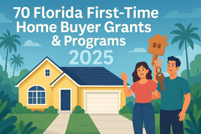 Illustration of a happy couple in front of a Florida-style home with palm trees, holding a large key, symbolizing first-time home buyer grants and programs.