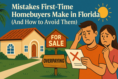 Illustration of a worried couple standing in front of a Florida-style home with a ‘For Sale’ sign and an ‘Overpaying’ warning, representing common mistakes first-time homebuyers make in Florida.