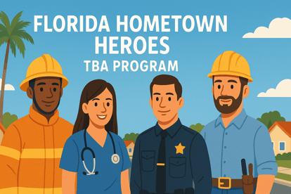 Illustration of diverse Florida hometown heroes including a firefighter, nurse, police officer, and construction worker standing together with homes in the background, promoting the Florida Hometown Heroes TBA Program.