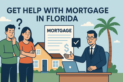 Wide illustration of a worried couple standing in front of a Florida-style home, meeting with a friendly mortgage advisor at a desk, with a large mortgage document and palm tree in the background. Text reads “Get Help With Mortgage in Florida.