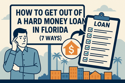 Illustration showing a worried Florida borrower next to a loan checklist and houses, representing ways to get out of a hard money loan in Florida.