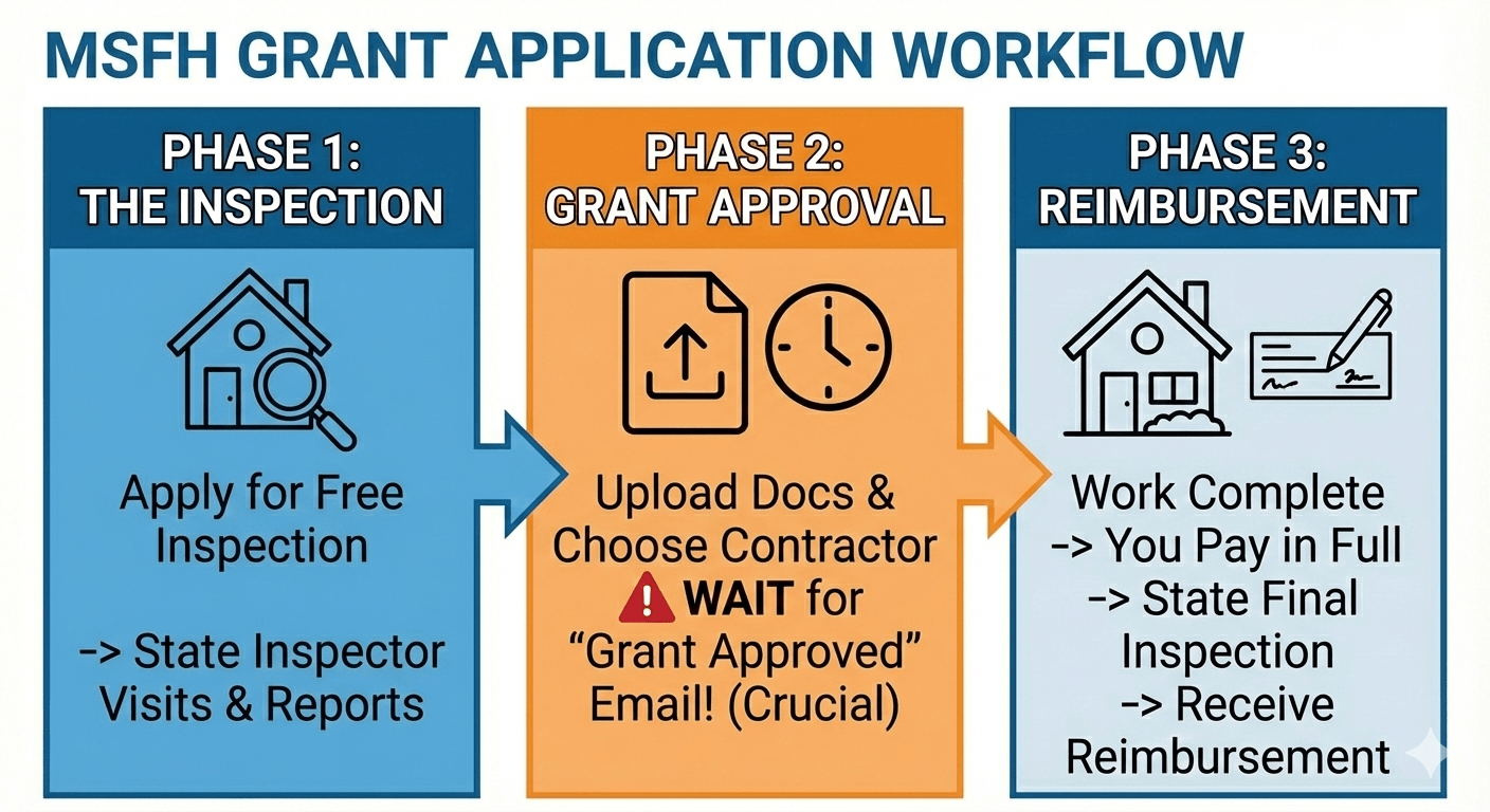 Storyboard showing the MSFH grant application steps with an emphasized wait-for-approval phase before work begins.