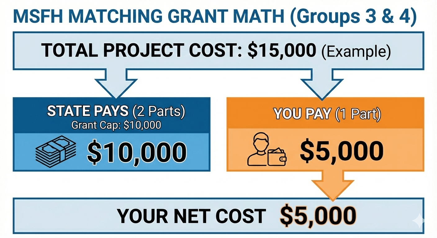Flowchart showing how the MSFH 2-to-1 matching grant works using a $15,000 project example, including homeowner share and the $10,000 grant cap.