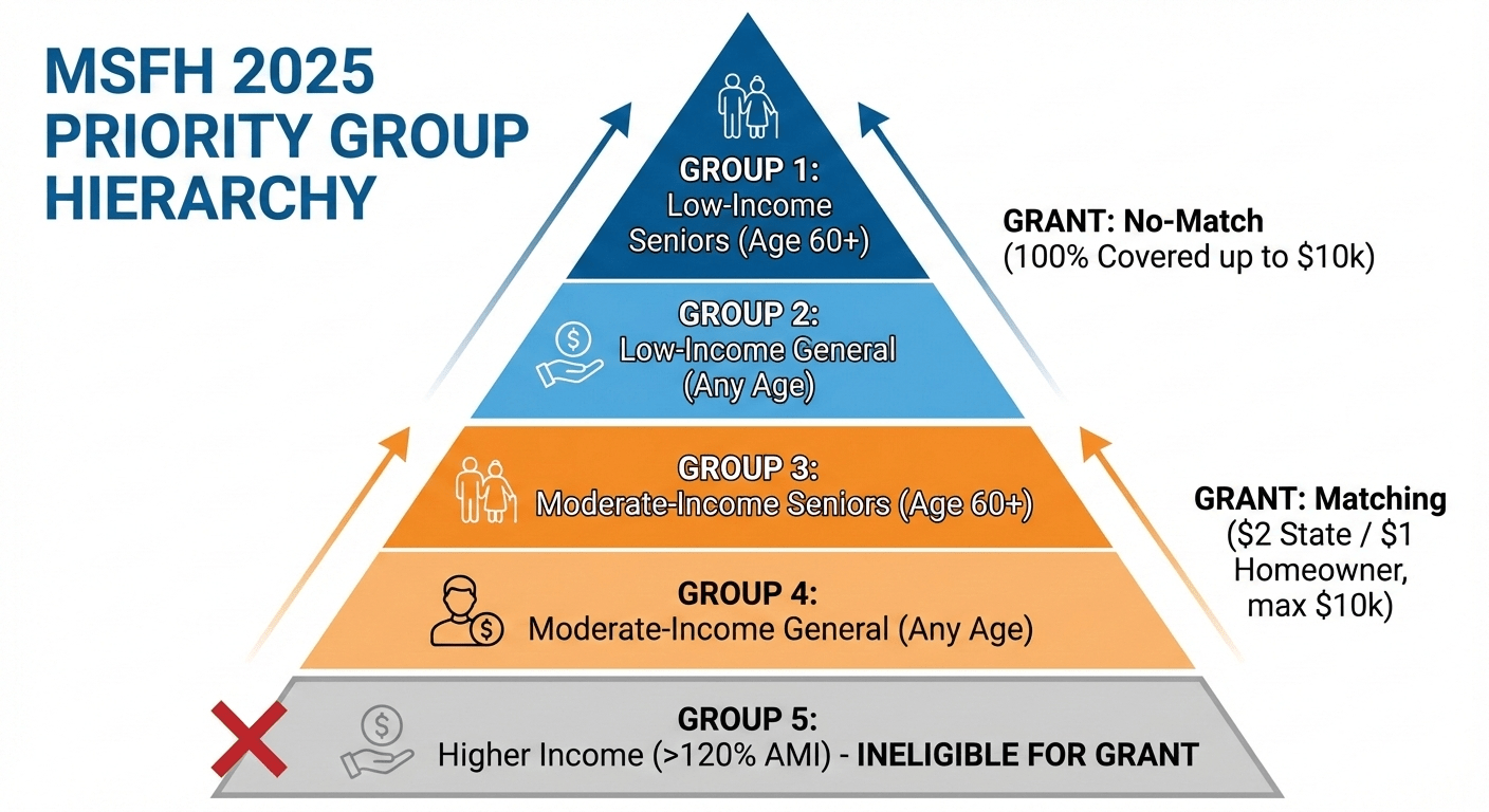 Infographic showing My Safe Florida Home priority groups with low-income seniors at the top and high-income Group 5 removed from eligibility.
