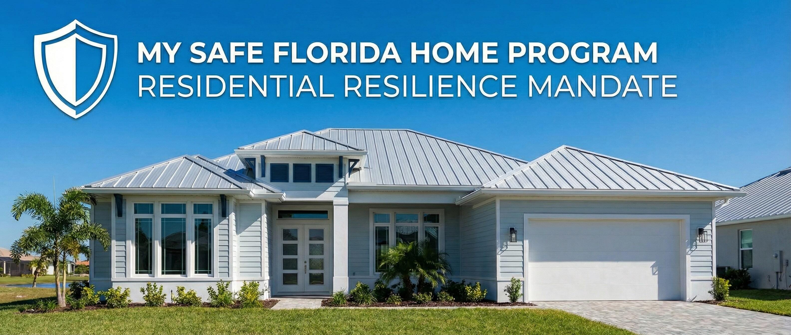 Featured hero image showing a Florida home with a metal roof under a clear blue sky, representing the My Safe Florida Home Program and its Residential Resilience Mandate.