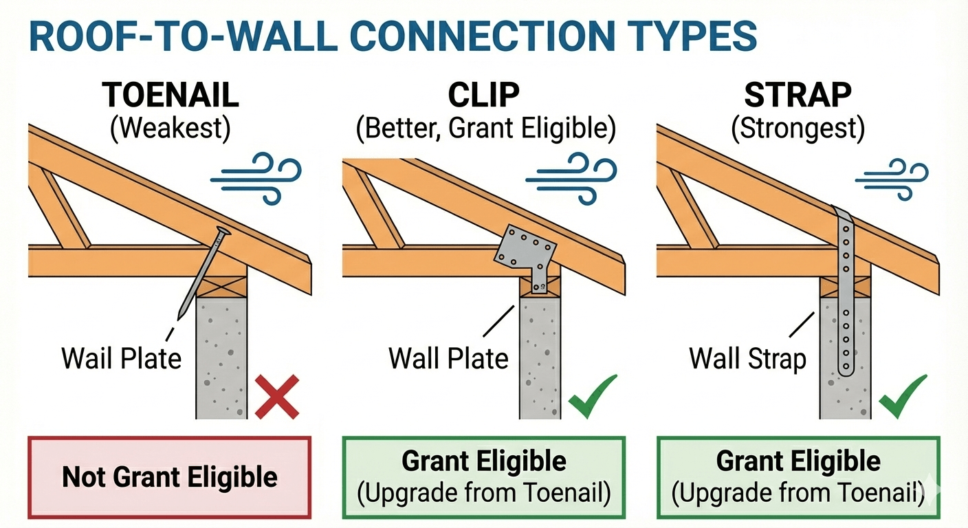 Diagram comparing roof-to-wall connection types—Toenails, Clips, and Straps—and indicating which options qualify for MSFH grant funding.