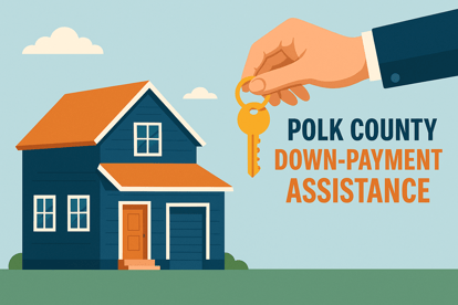 Illustration of a house with a key being handed over, symbolizing Polk County’s $7,500 down-payment assistance program for first-time homebuyers.