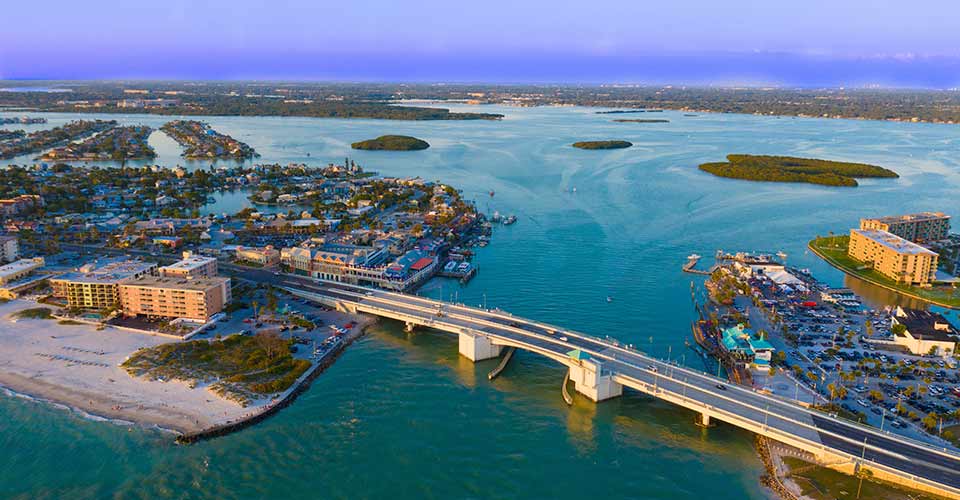 Aerial View of Johns Pass Village and Boardwalk at Madeira Beach Florida