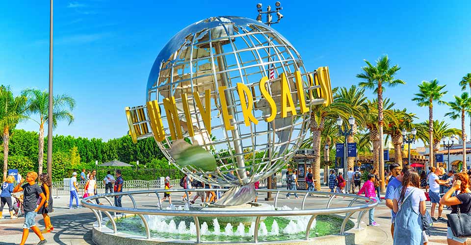 Ball with the inscription at the entrance to world famous park Universal Studios