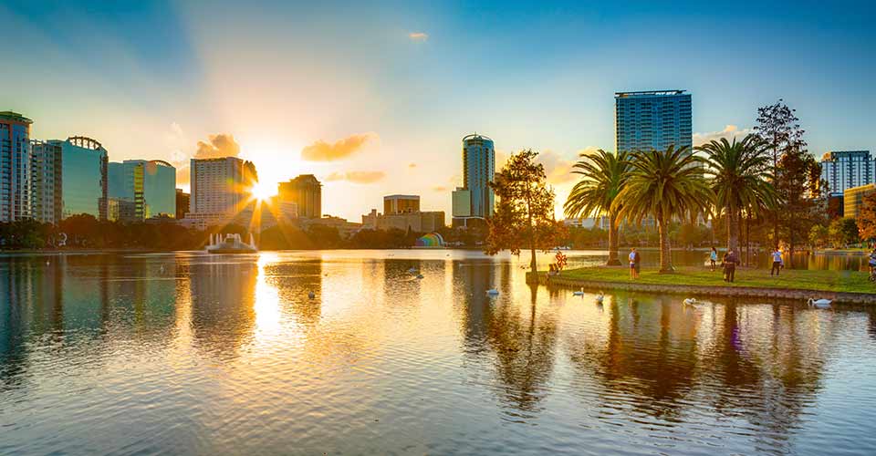 Downtown skyline at sunset in Orlando Florida