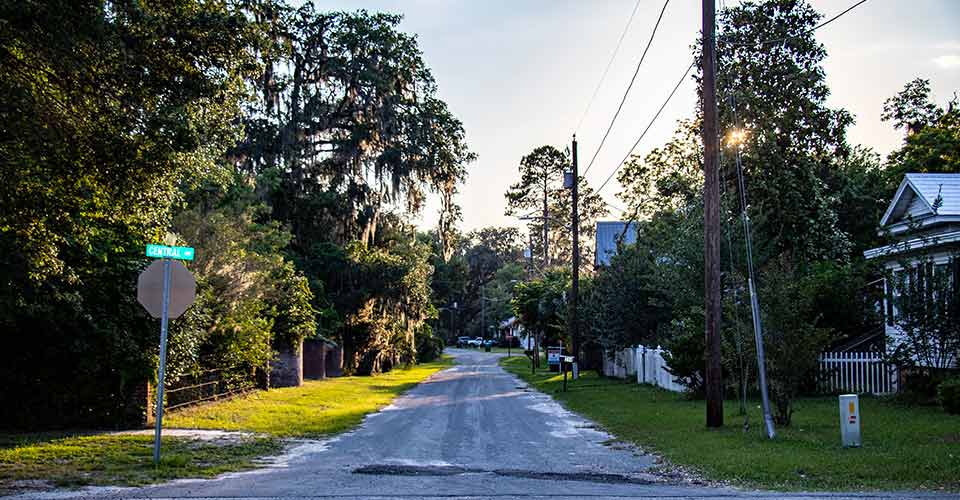 Late summer sun lights up the mossy oaks lining a quiet street in Jasper Florida