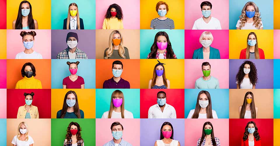 Photo montage of people of different age and ethnicity wearing surgical disposable masks
